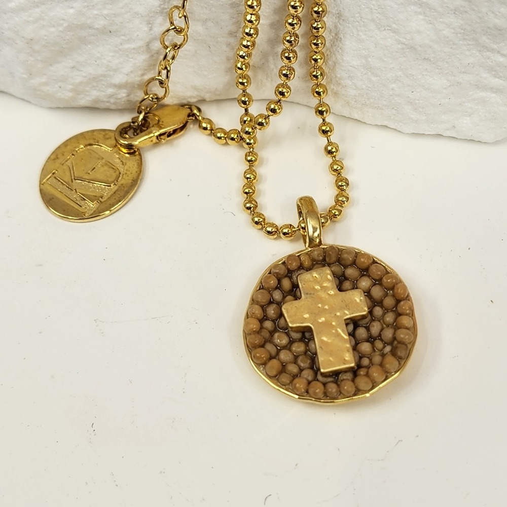 Gold Tone Cross Pendant Necklace Brown Beaded Medallion Christian Boho Statement